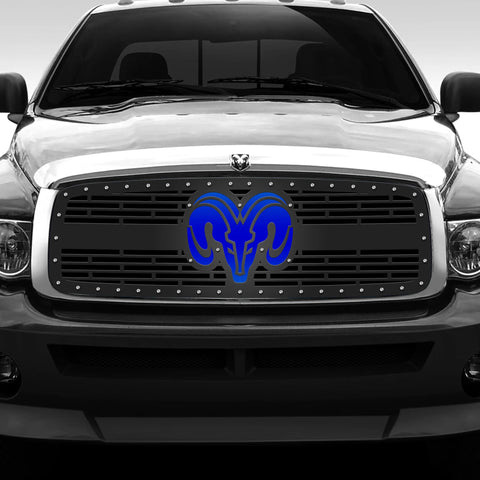 Dodge Ram Steel Grille ('02-'05) Blue RAM HEAD v2 - RacerX Customs | Auto Graphics, Truck Grilles and Accessories