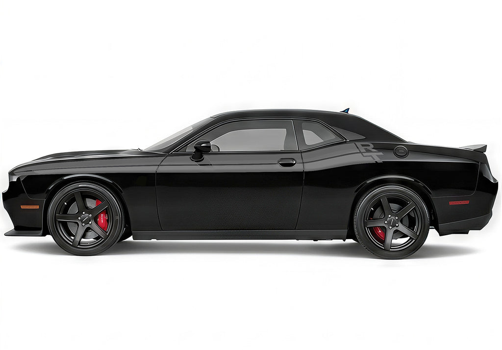 Black Dodge Challenger with Grey RT Stripes Decals against a white background