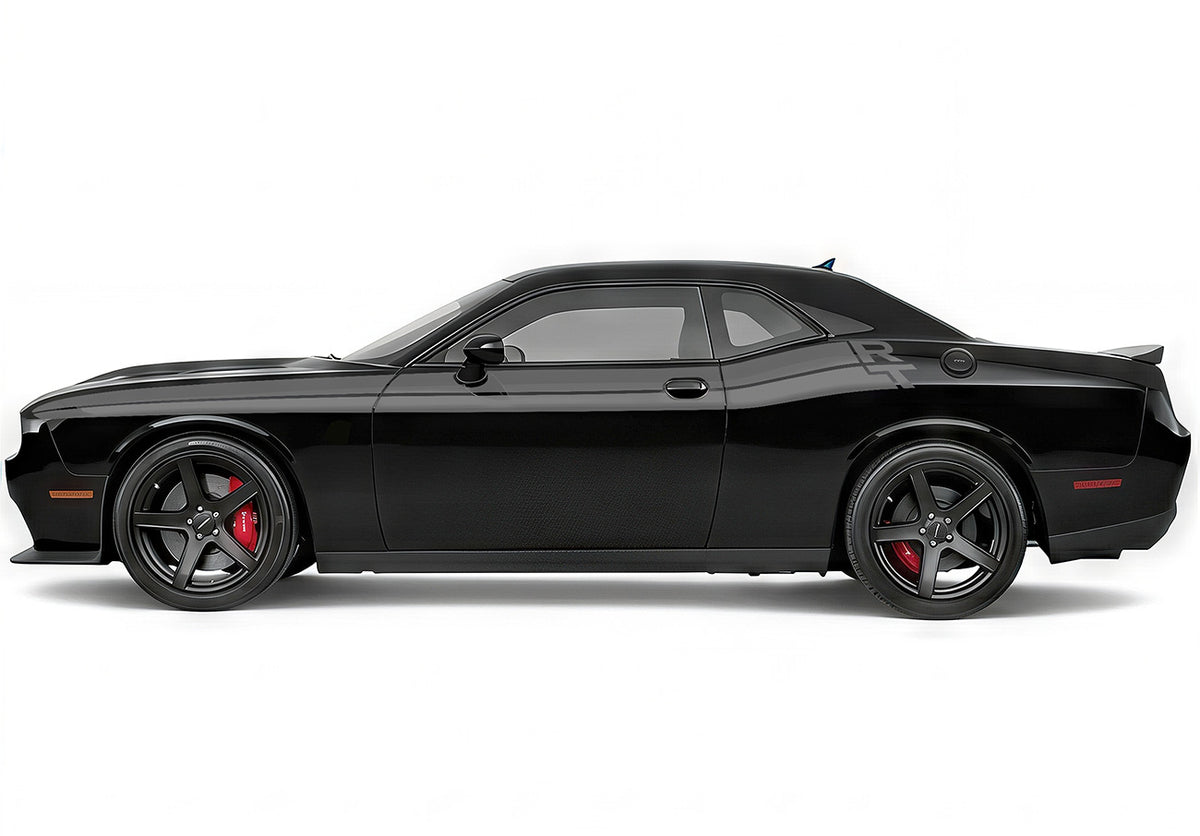 Black Dodge Challenger with Grey RT Stripes Decals against a white background