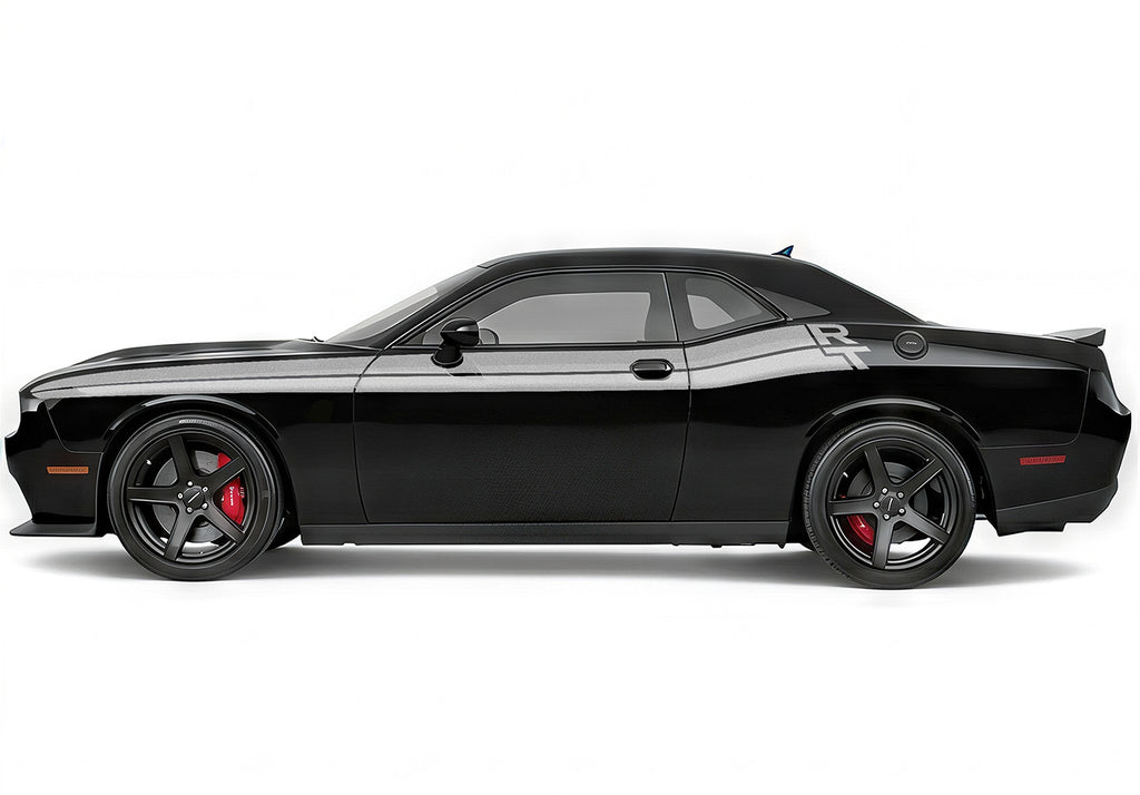 Black Dodge Challenger with Silver RT Stripes on a white background