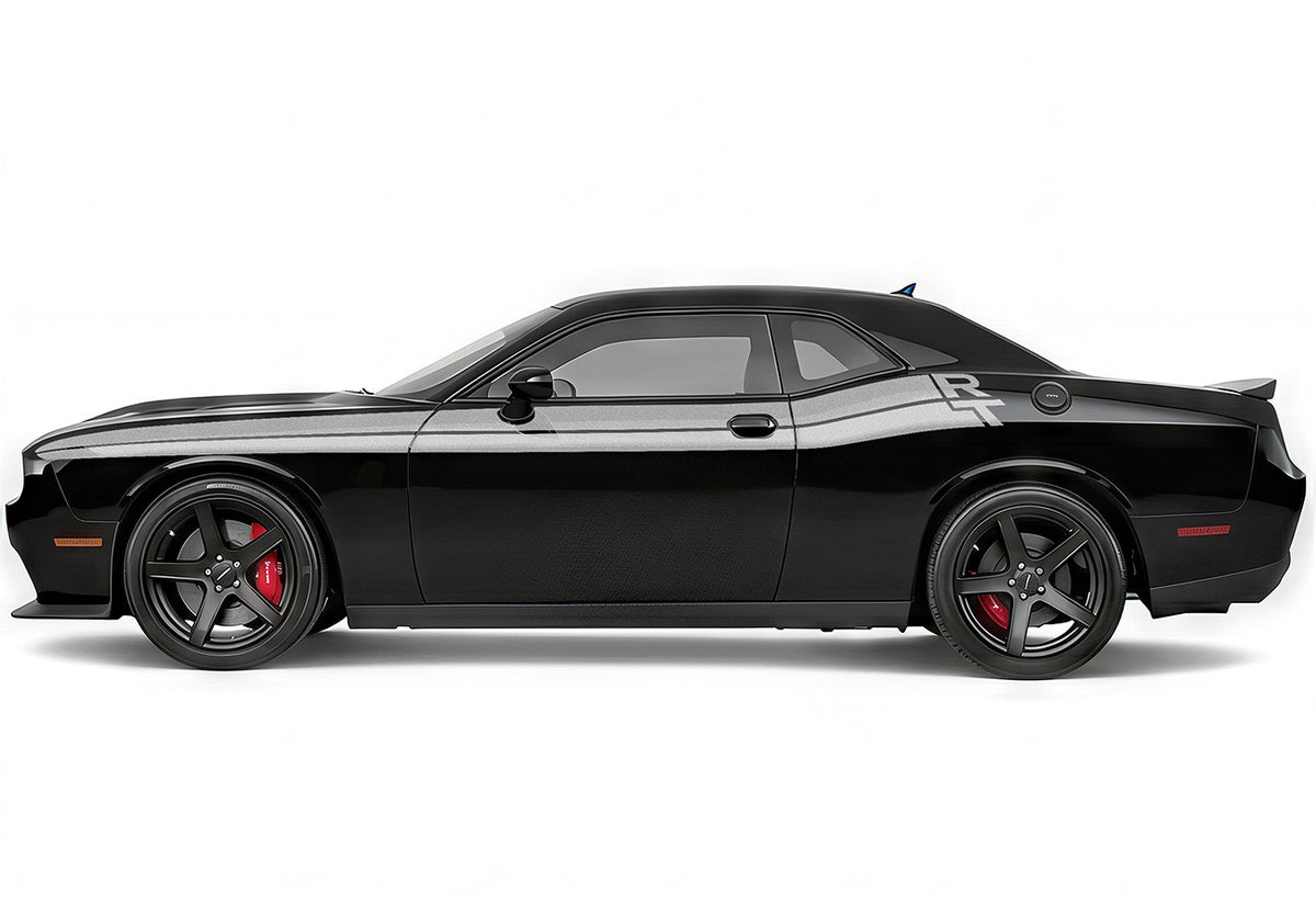 Black Dodge Challenger with Silver RT Stripes on a white background