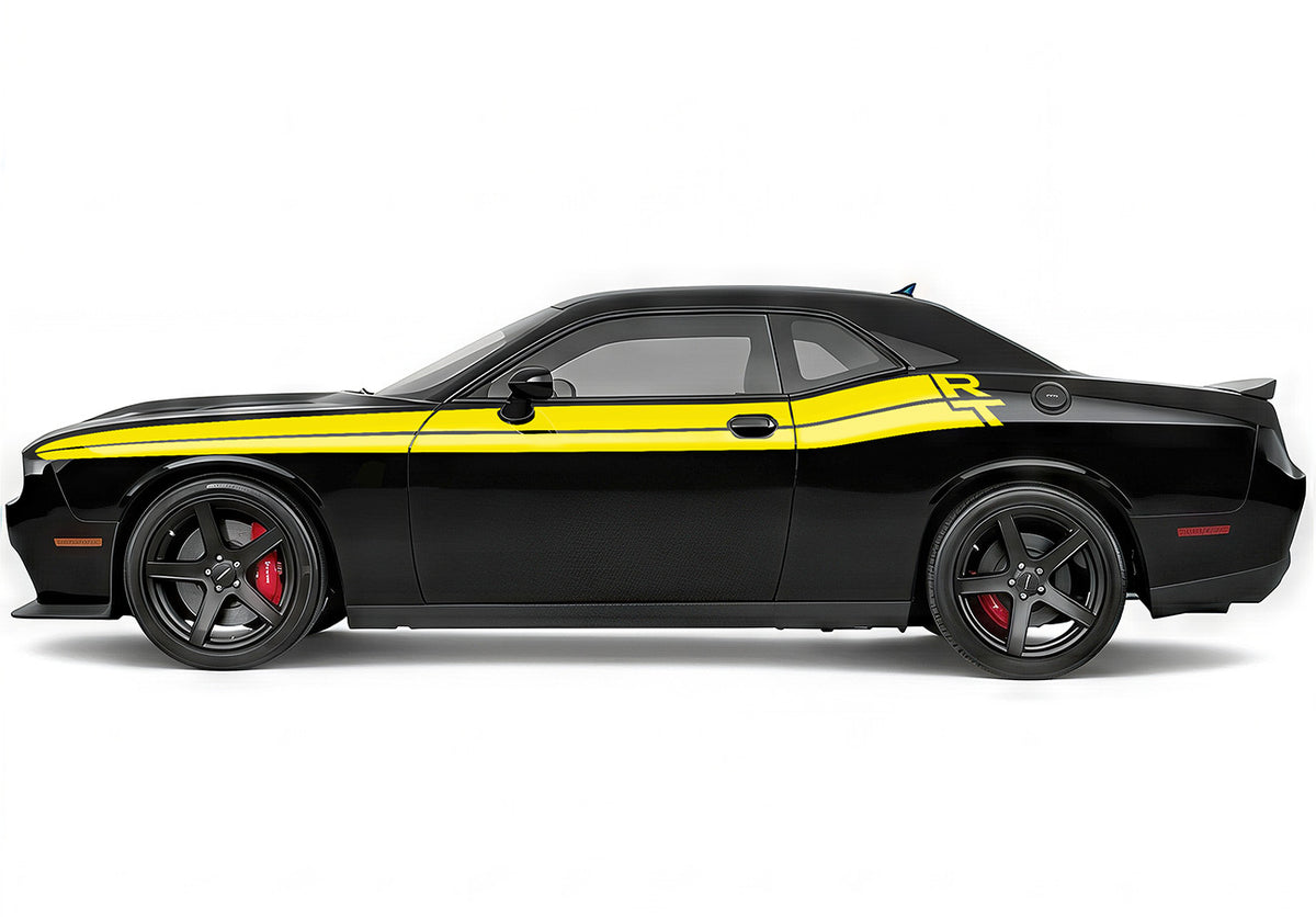 Black Dodge Challenger with Yellow RT Stripes Graphics against a white  backdrop