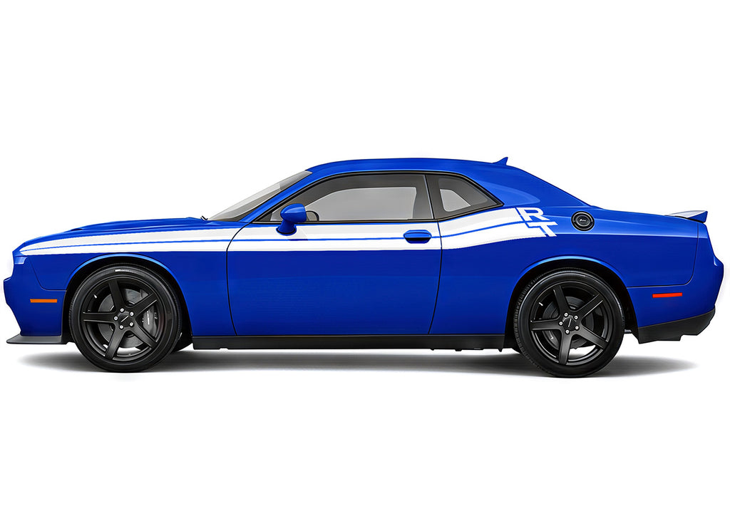 2017 Dodge Challenger with white RT stripes decals on a white background