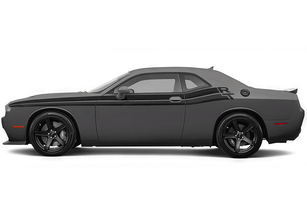 2008-2023  Dodge Challenger with Black RT Stripes against a white  backdrop