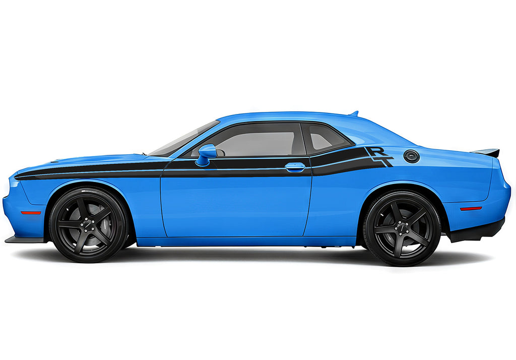 2015 blue Dodge Challenger with black RT stripes on a white background