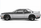 Silver Dodge Challenger with Black RT Stripes against a white background