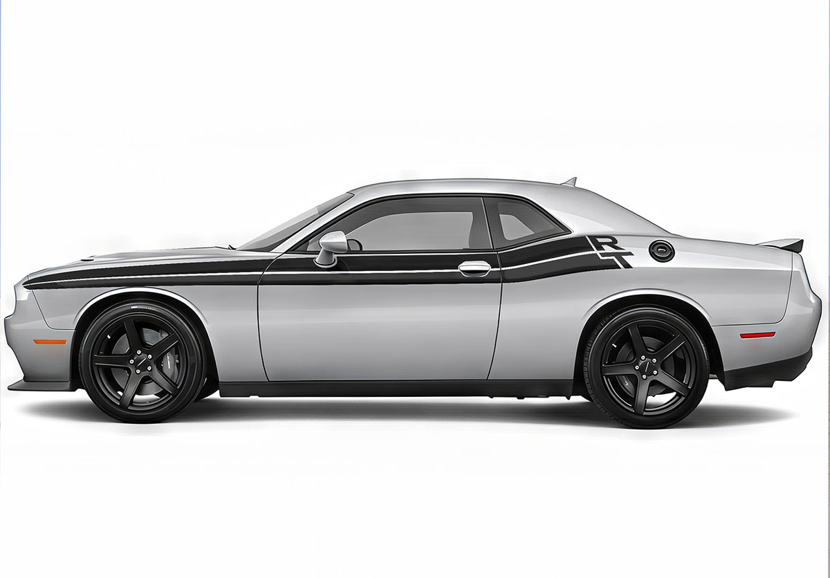 Silver Dodge Challenger with Black RT Stripes against a white background