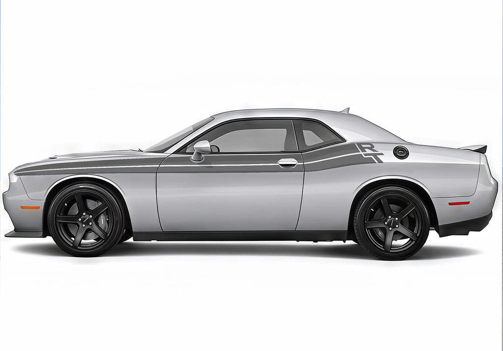 2023 Dodge Challenger with Grey RT Stripes against a white background