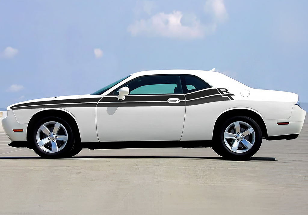 2014 white Dodge Challenger with black RT stripes decals