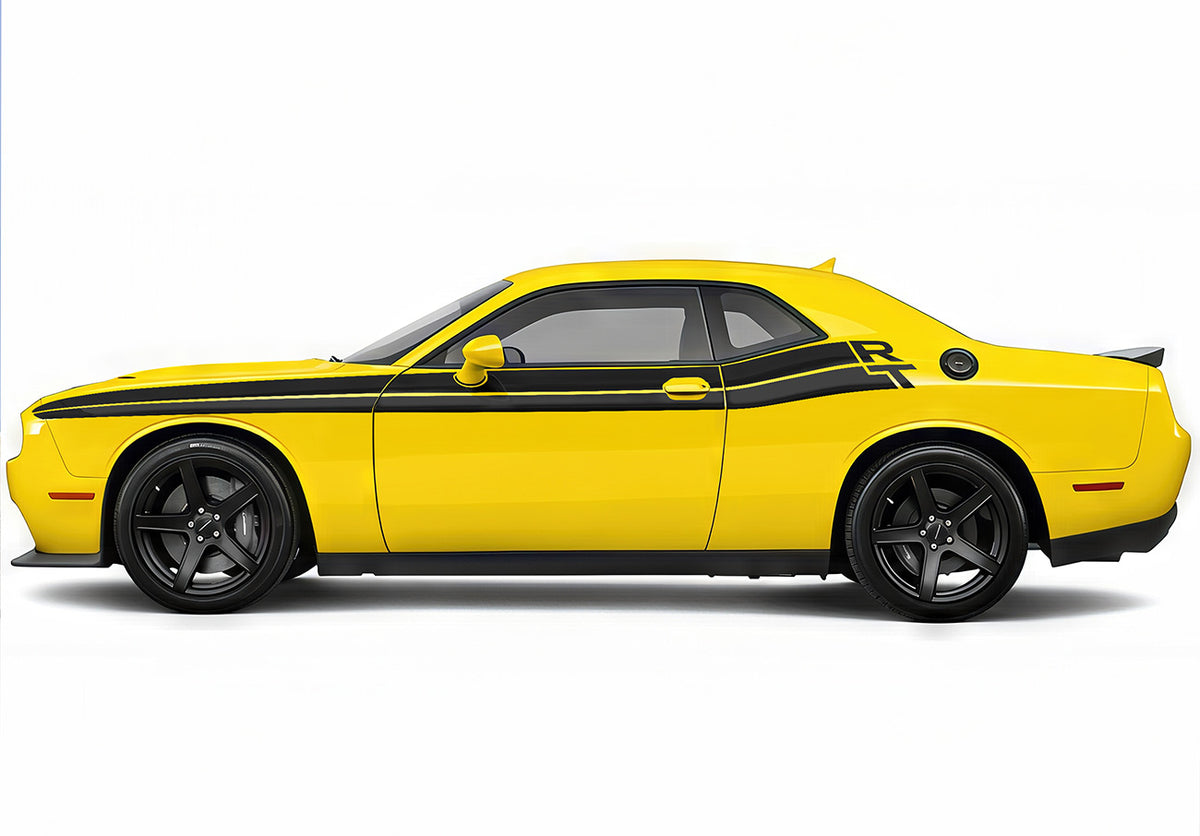 2020 Yellow Dodge Challenger with Black RT Stripes against a white background