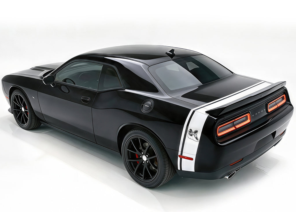 Black Dodge Challenger with white stripes, shown from a rear three-quarter angle.