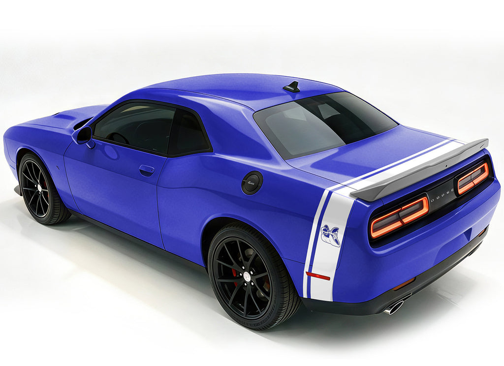 A blue Dodge Challenger SRT 350 muscle car with white decal stripes, shown on a white studio background.