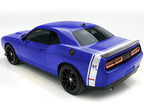 A blue Dodge Challenger SRT 350 muscle car with white decal stripes, shown on a white studio background.