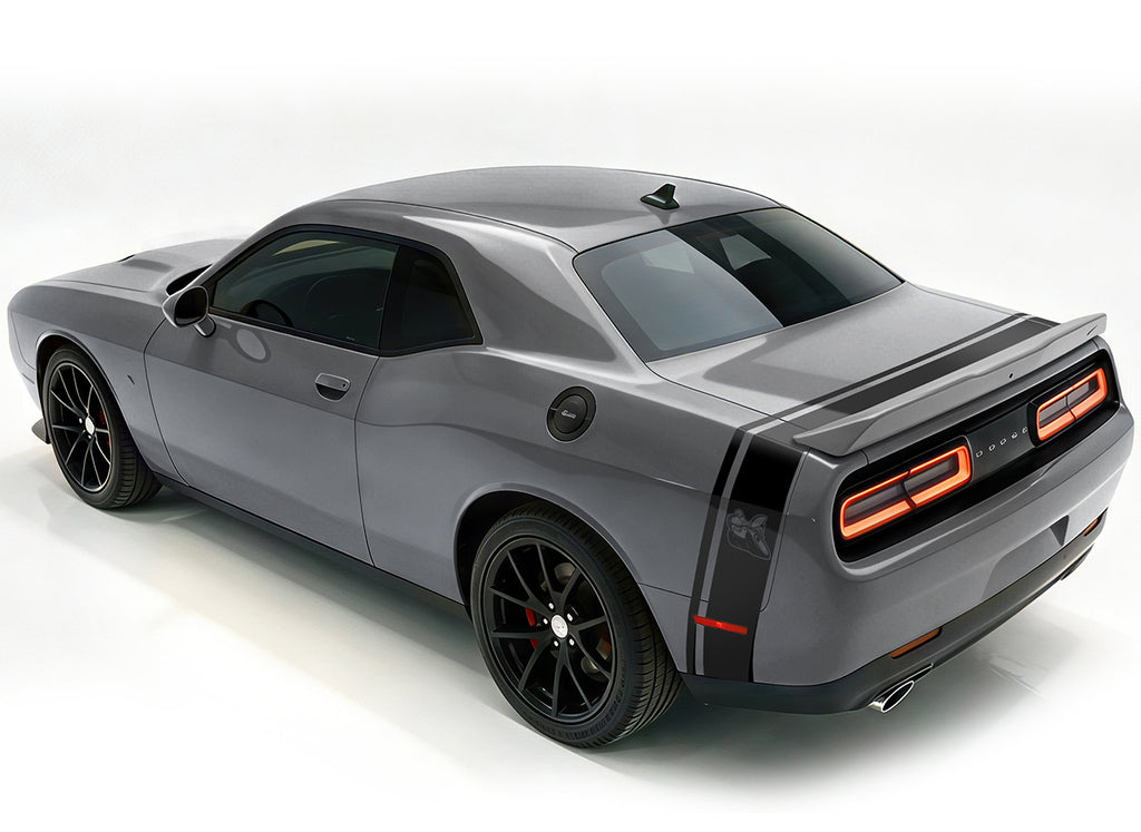 Grey Dodge Challenger with a black side & trunk stripe, shown from a rear angle.