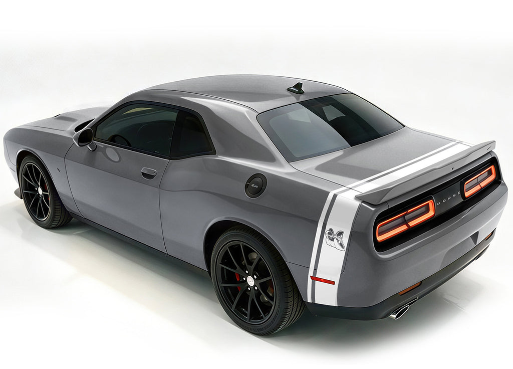 Grey Dodge Challenger with a white side & trunk Scat-Pack Bee stripes