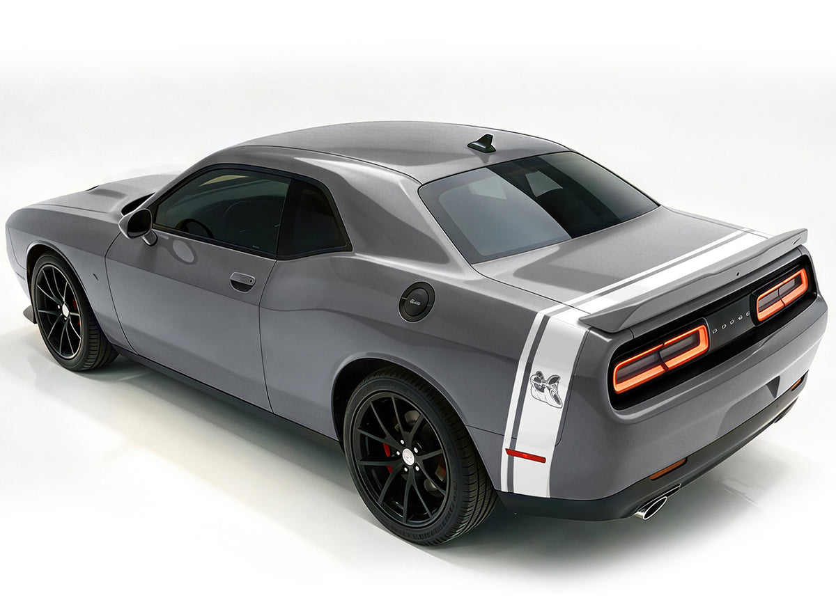 Grey Dodge Challenger with a white side & trunk Scat-Pack Bee stripes