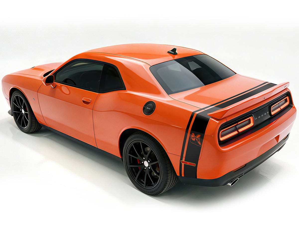 Orange Dodge Challenger with a black side & trunk stripe, shown from a rear three-quarter angle