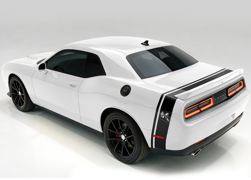 White Dodge Challenger with black side & trunk stripes, shown from a rear on a white background.