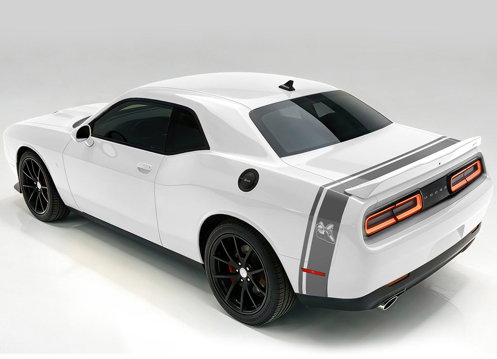 White Dodge Challenger with a dark gray side & trunk stripe, shown from a rear three-quarter angle.