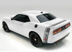 White Dodge Challenger with a dark gray side & trunk stripe, shown from a rear three-quarter angle.
