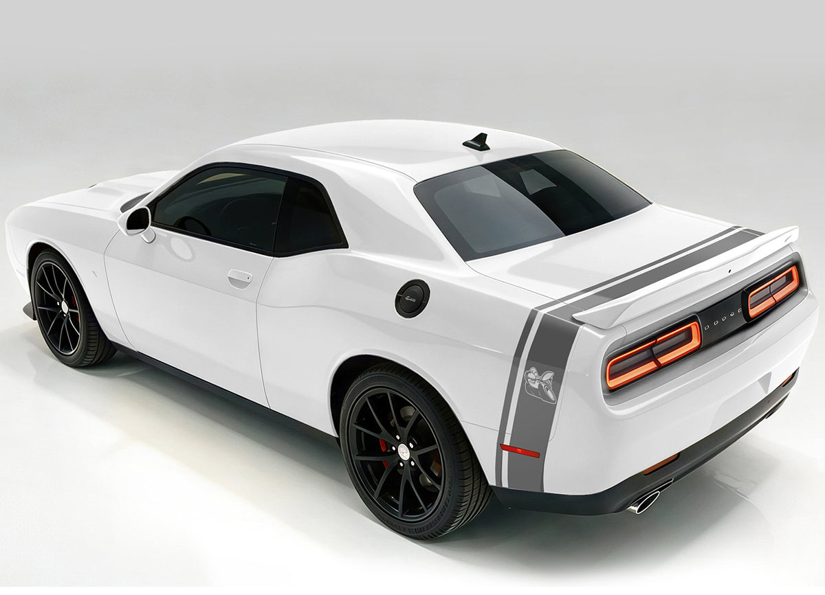 White Dodge Challenger with a dark gray side & trunk stripe, shown from a rear three-quarter angle.
