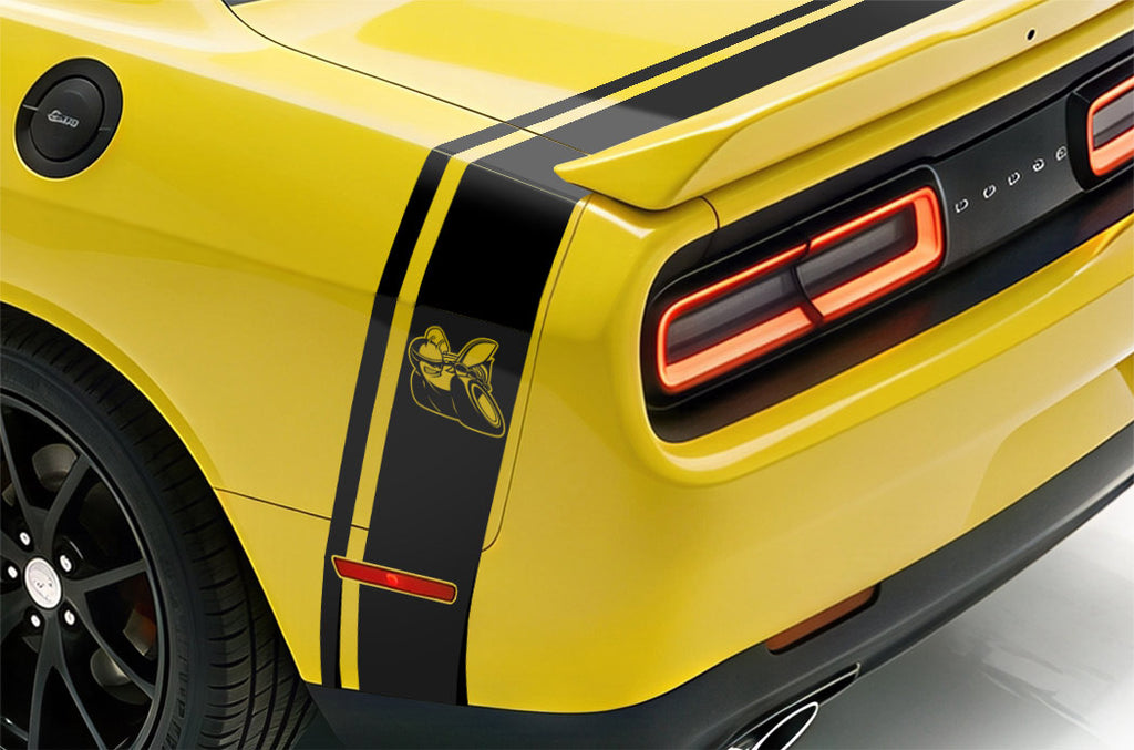 Close-Up of a yellow Dodge Challenger with a black side & trunk stripe, shown from a rear three-quarter angle.