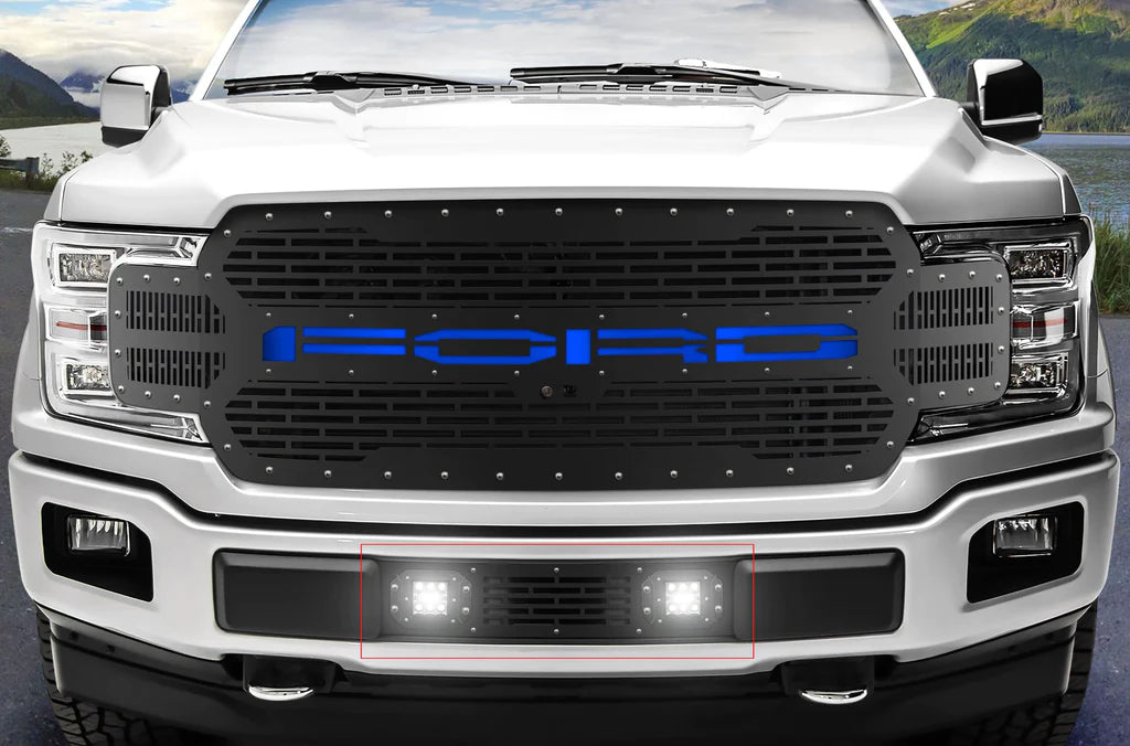 Ford F150 Black Steel Grille ('18-'20) FORD with BLUE Acrylic Underlay
