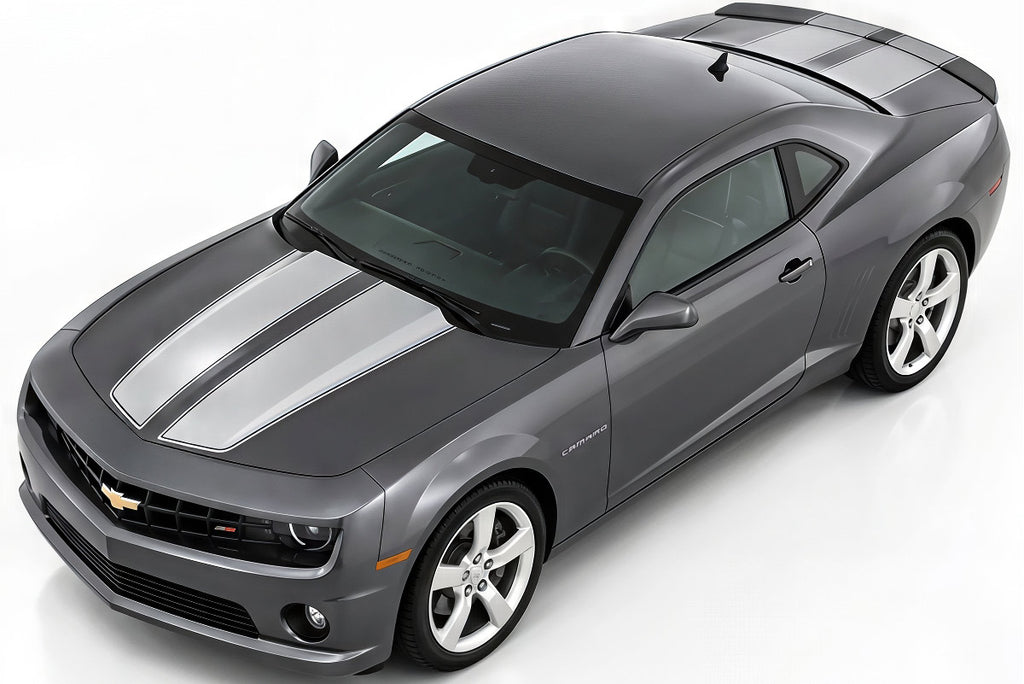 gray Chevy Camaro with silver racing stripes on the hood and trunk