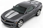 gray Chevy Camaro with silver racing stripes on the hood and trunk