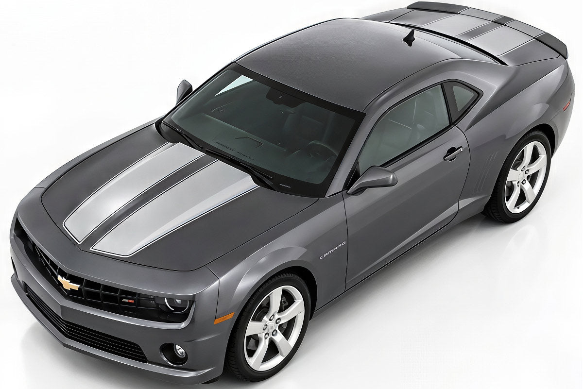 gray Chevy Camaro with silver racing stripes on the hood and trunk
