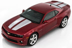 Red Chevy Camaro with silver racing stripes on the hood and trunk on a white background