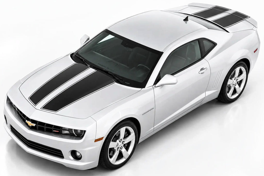 White Chevy Camaro with Black racing stripes on the hood and trunk on a white background