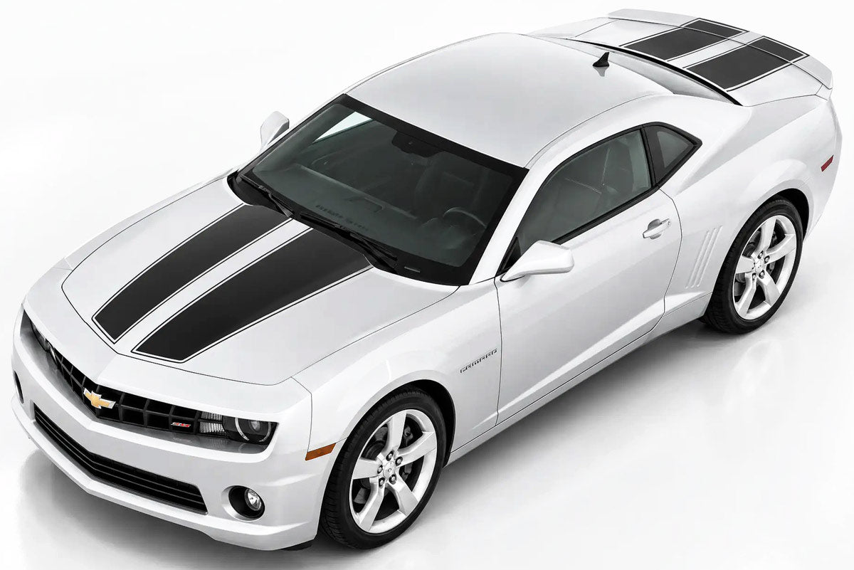 White Chevy Camaro with Black racing stripes on the hood and trunk on a white background