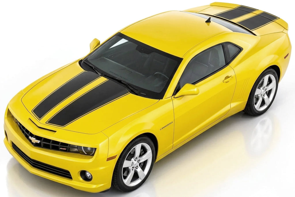 Yellow Chevy Camaro with black racing stripes on the hood and trunk on a white background