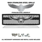 Black American eagle mesh grille with separate stainless steel eagle underlay and mounting hardware.