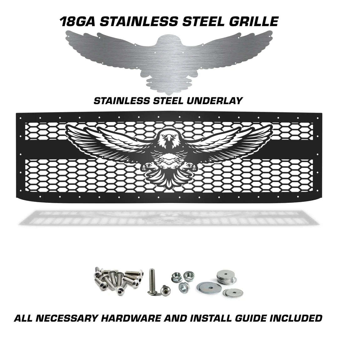 Black American eagle mesh grille with separate stainless steel eagle underlay and mounting hardware.