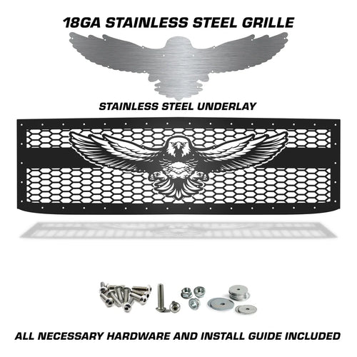 Black American eagle mesh grille with separate stainless steel eagle underlay and mounting hardware.