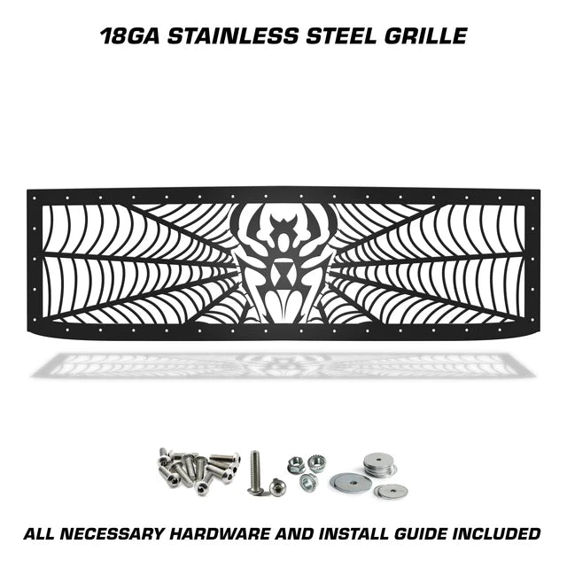 Satin black Black Widow grille with a central spider and spiderweb cutouts for 2015–2019 Chevy Silverado 2500/3500.