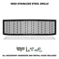 Satin black grille with staggered horizontal slots for 2015–2019 Chevy Silverado 2500/3500, shown with installation hardware.