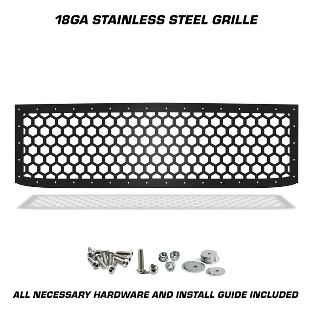 Satin black hex-pattern stainless steel grille with mounting hardware for 2015–2019 Chevy Silverado 2500/3500.