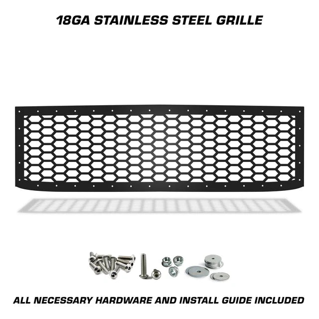 Satin black honeycomb-pattern stainless steel grille with mounting hardware for 2015–2019 Chevy Silverado 2500/3500.