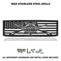 Satin black Liberty or Death grille with American flag, Liberty Bell, crossed muskets, and mounting hardware for 2015–2019 Silverado 2500/3500.
