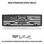 Satin black Liberty or Death grille with American flag, Liberty Bell, crossed muskets, and mounting hardware for 2015–2019 Silverado 2500/3500.