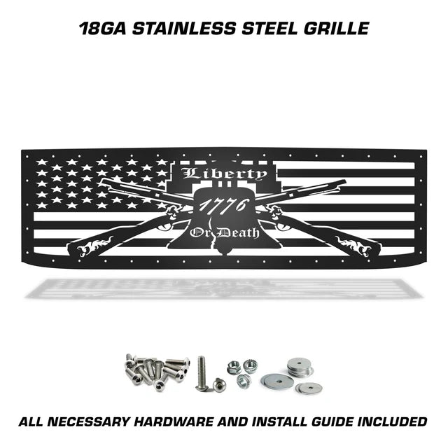 Satin black Liberty or Death grille with American flag, Liberty Bell, crossed muskets, and mounting hardware for 2015–2019 Silverado 2500/3500.