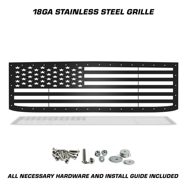 Black American flag grille with star and stripe cutouts for 2015–2019 Chevy Silverado 2500/3500.
