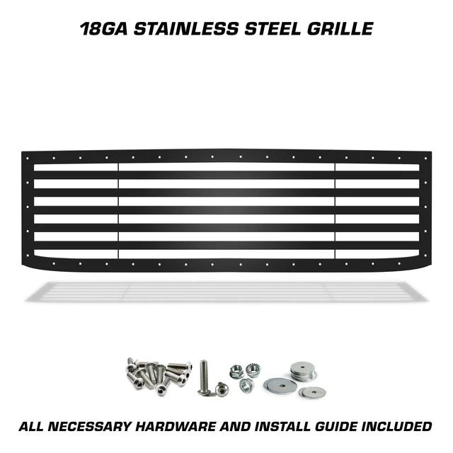 Satin black horizontal Stripes stainless steel grille with mounting hardware for 2015–2019 Chevy Silverado 2500/3500.
