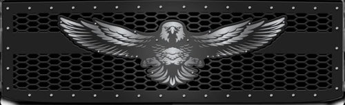 American eagle grille with detailed satin black feathers, brushed stainless steel accents, and a riveted black mesh frame.