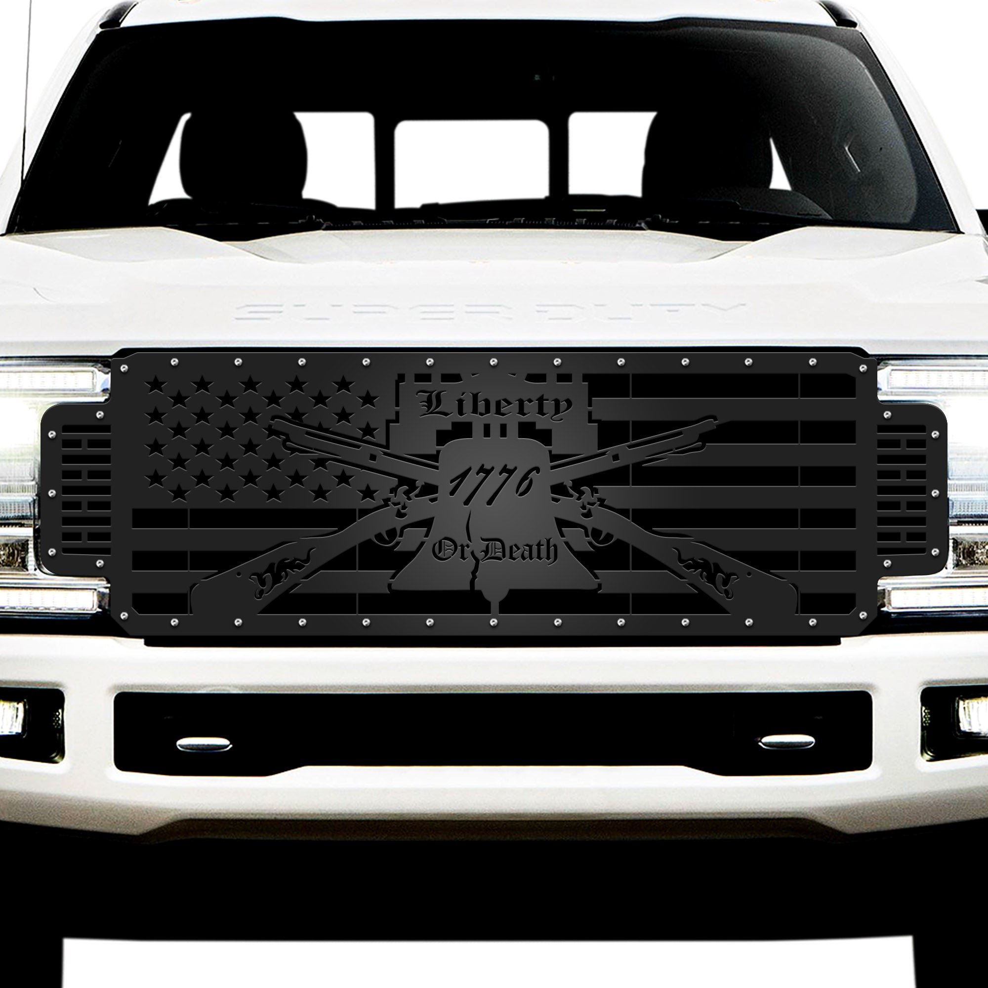 Steel Grille for Ford Super Duty F250/F350 ('17-'19) | LIBERTY OR DEATH - RacerX Customs | Auto Graphics, Truck Grilles and Accessories