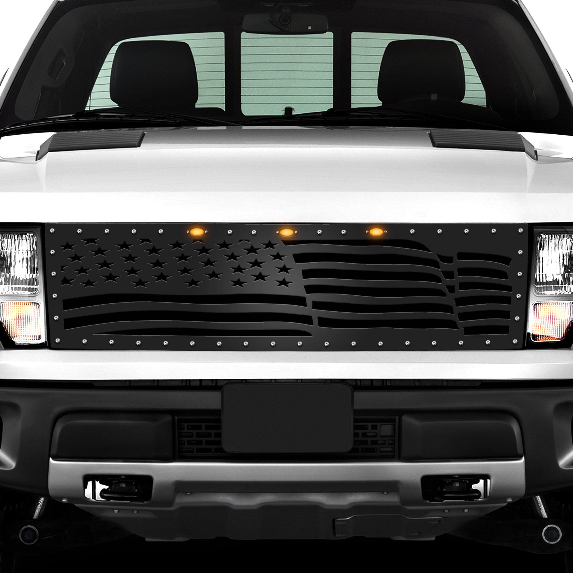 Ford Raptor Grille ('10-'14) Black Steel, USA FLAG - RacerX Customs | Auto Graphics, Truck Grilles and Accessories