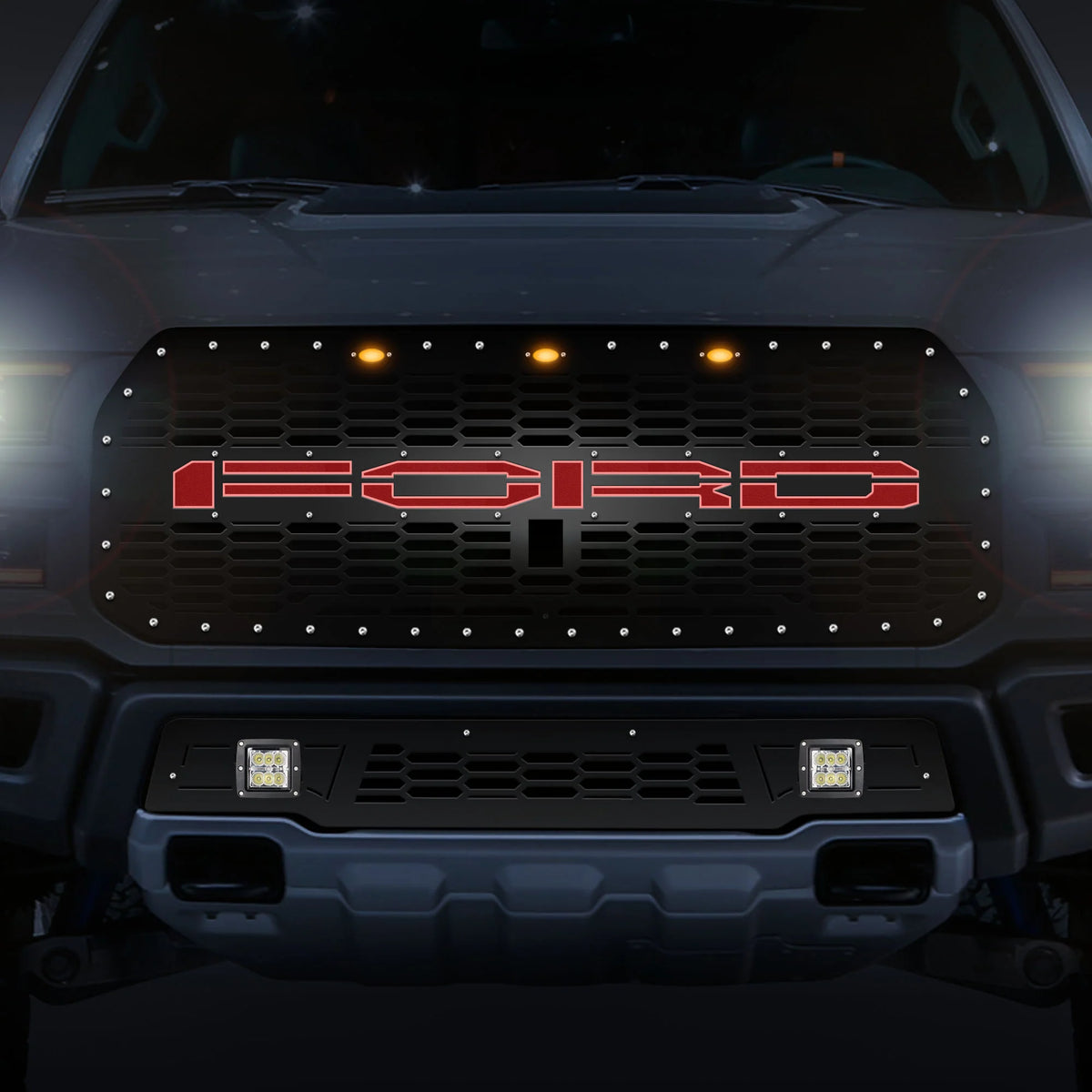 Steel Grille for Ford Raptor SVT ('17-'20) - FORD RED LED X-LITE